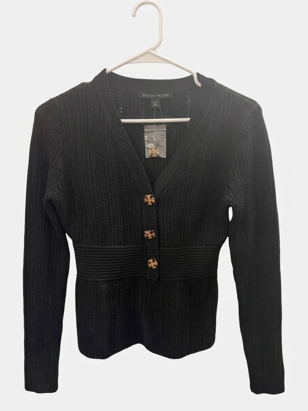 NWOT Boston Proper Black Jeweled-Button Peplum Cardigan — Size S